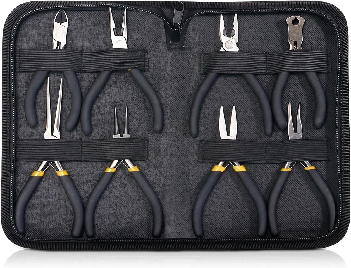 Mini Pliers Set van 8 Stuks met Tas - Perfect voor Sieraden, Elektronica en Modelbouw, Inclusief Diagonaal en Langneus Tangen