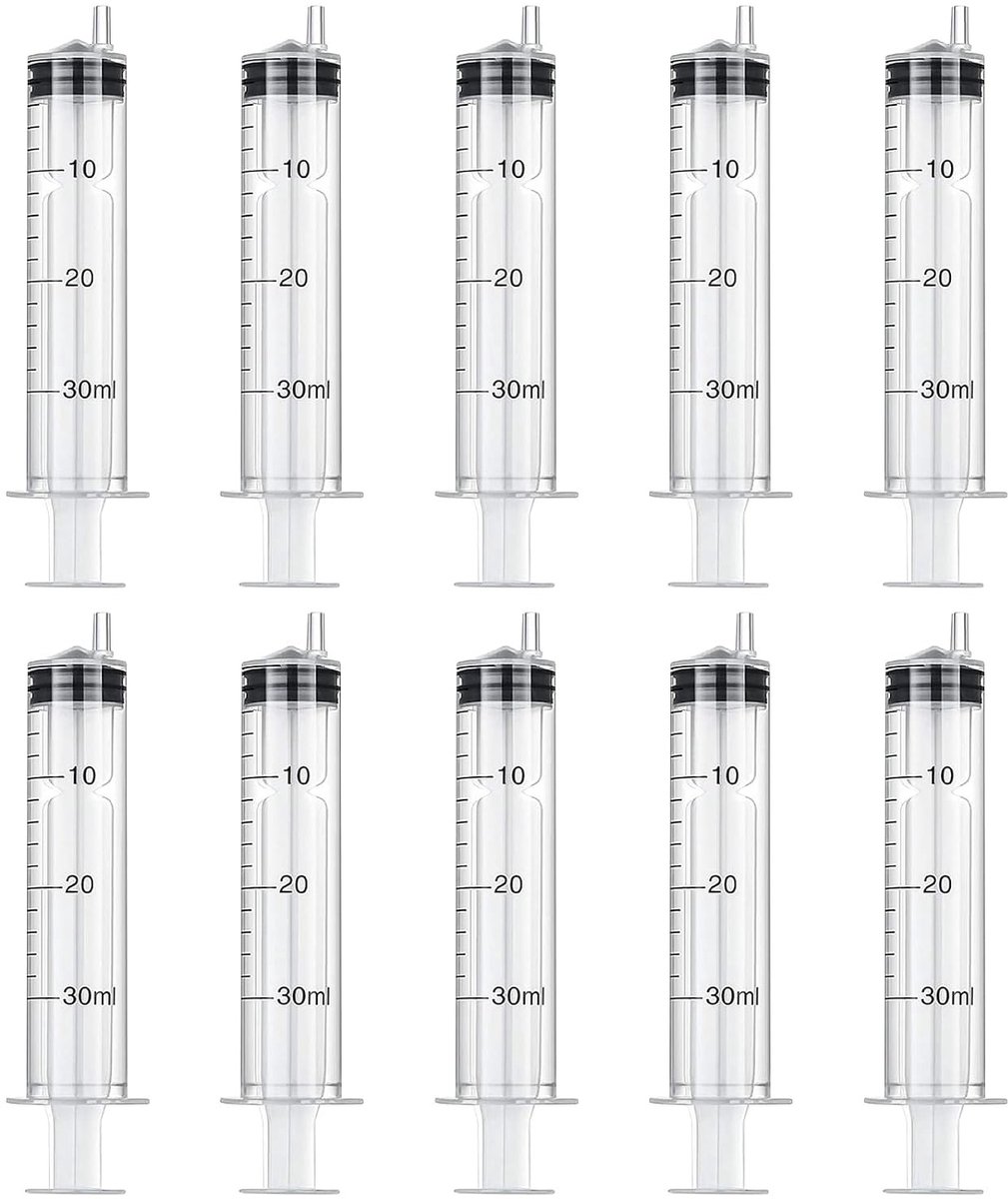 10 Steriele Plastic Spuiten van 30 ml voor Olie, Remvloeistof en Dierenvoeding, Herbruikbaar en Veilig voor Diverse Toepassingen