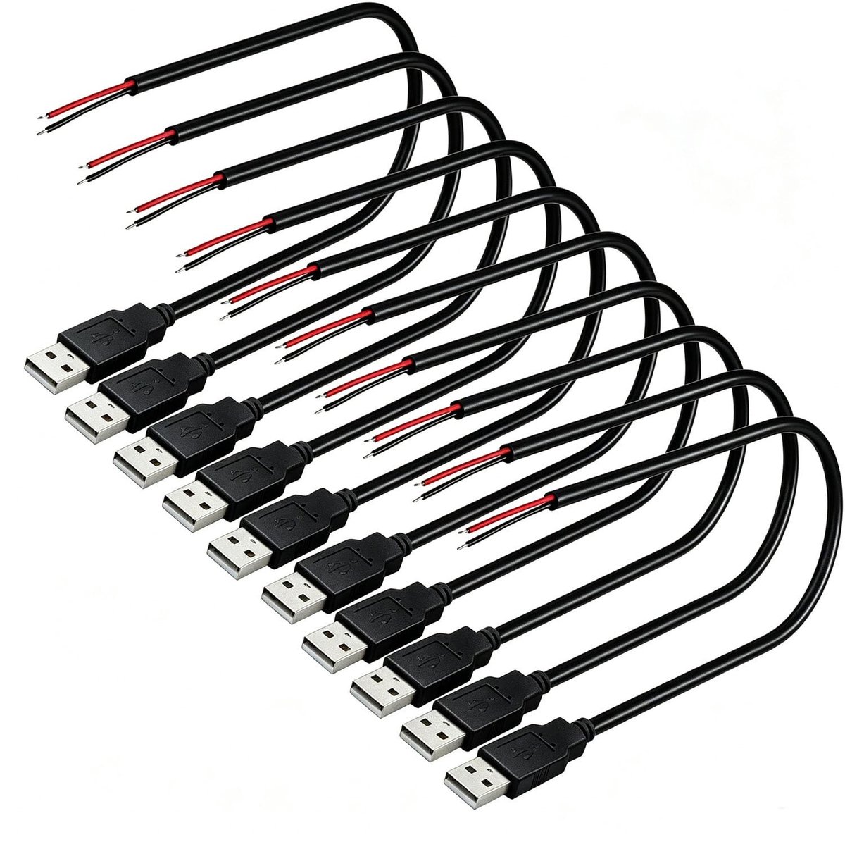 Set van 10 USB Stekkers voor Solderen, 2 Pin, Lege Kabel, Pigtail Kabel voor Installatie of Reparatie, 30 cm, Elektronica, DIY, Accessoires