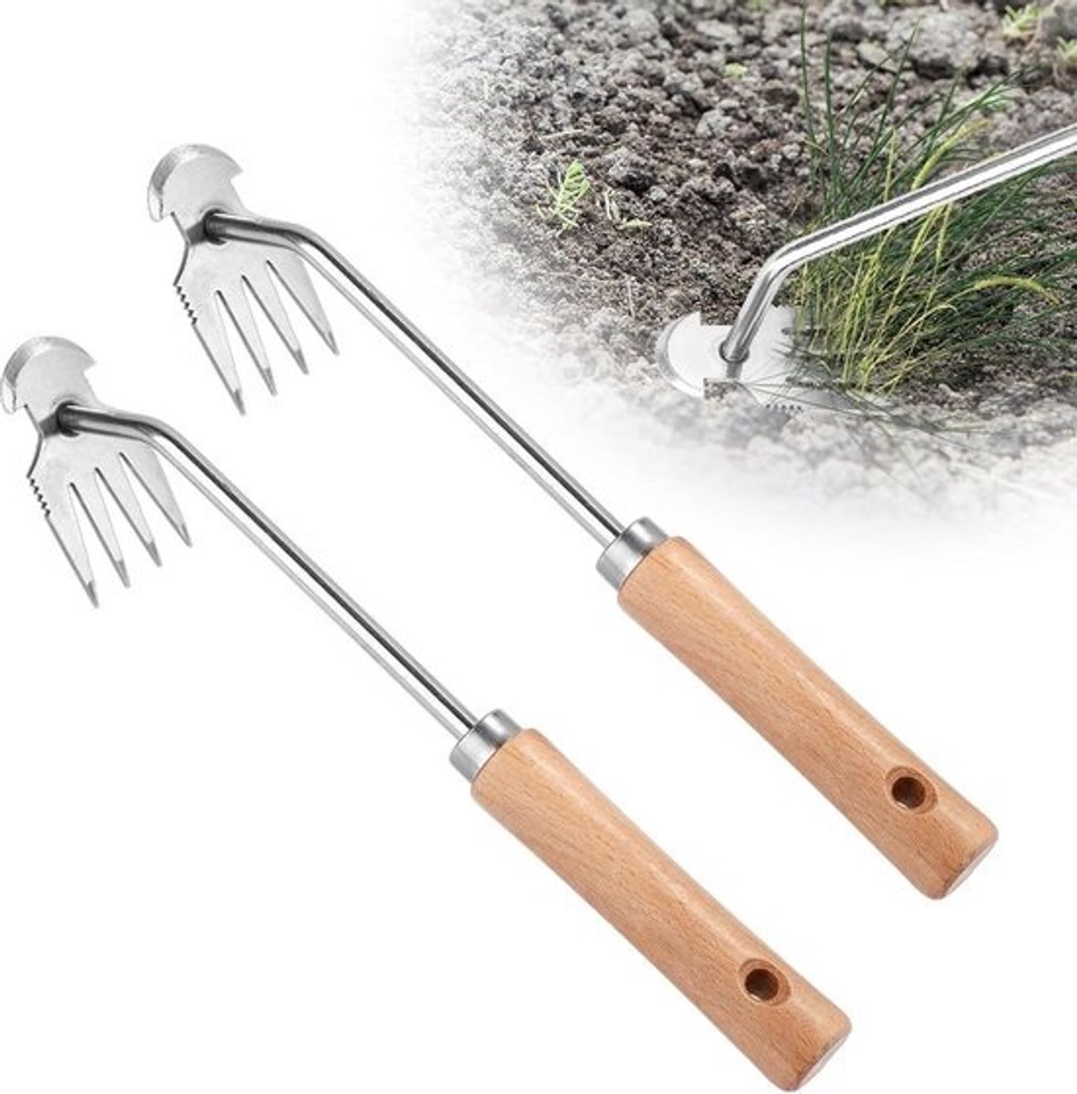 Upgrade Derooting Weed Puller - Manual Weed Tool with 4 Teeth - Wooden Handle - Portable Handwieders for Gardening Farm Garden