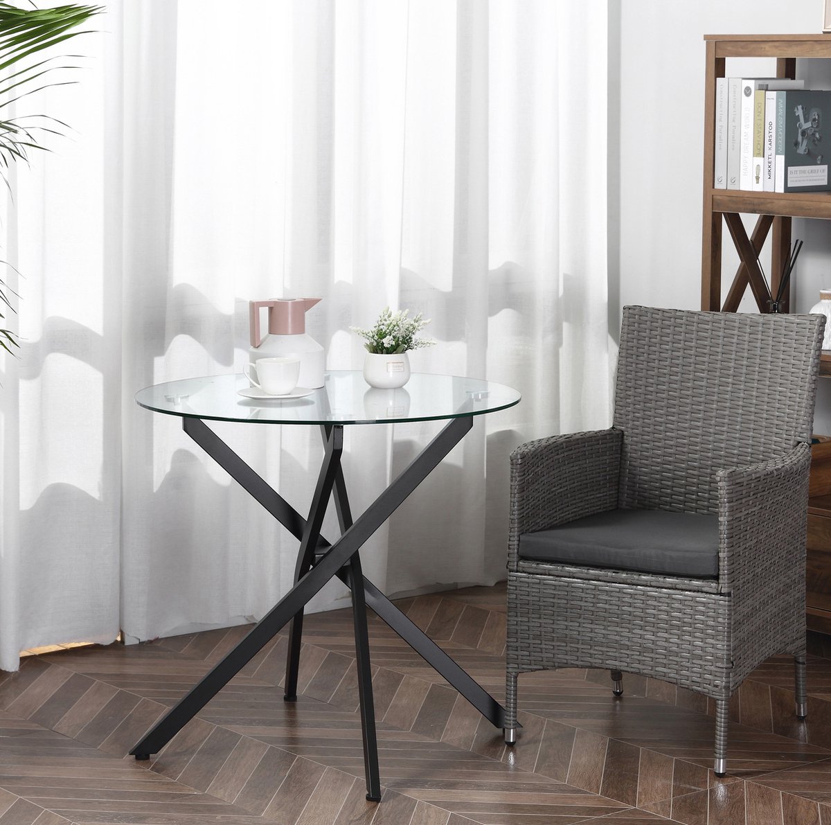 STILVORA Ronde Tafel - Glazen Tafel Met Veiligheidsglas En Stalen X-Poot - Voor Eetkamer, Woonkamer En Balkon - Staal - 80x80x75 Cm - Zwart