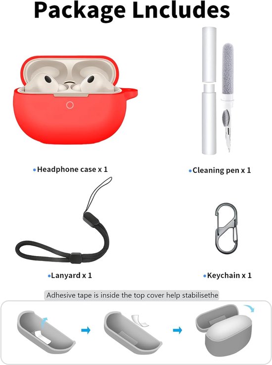 Hoes voor Huawei FreeBuds 5 oordopjes, schokbestendig, toergy waterdicht, zacht en duurzaam, met koord, sleutelhanger en reinigingsgereedschap, rood — afbeelding 3