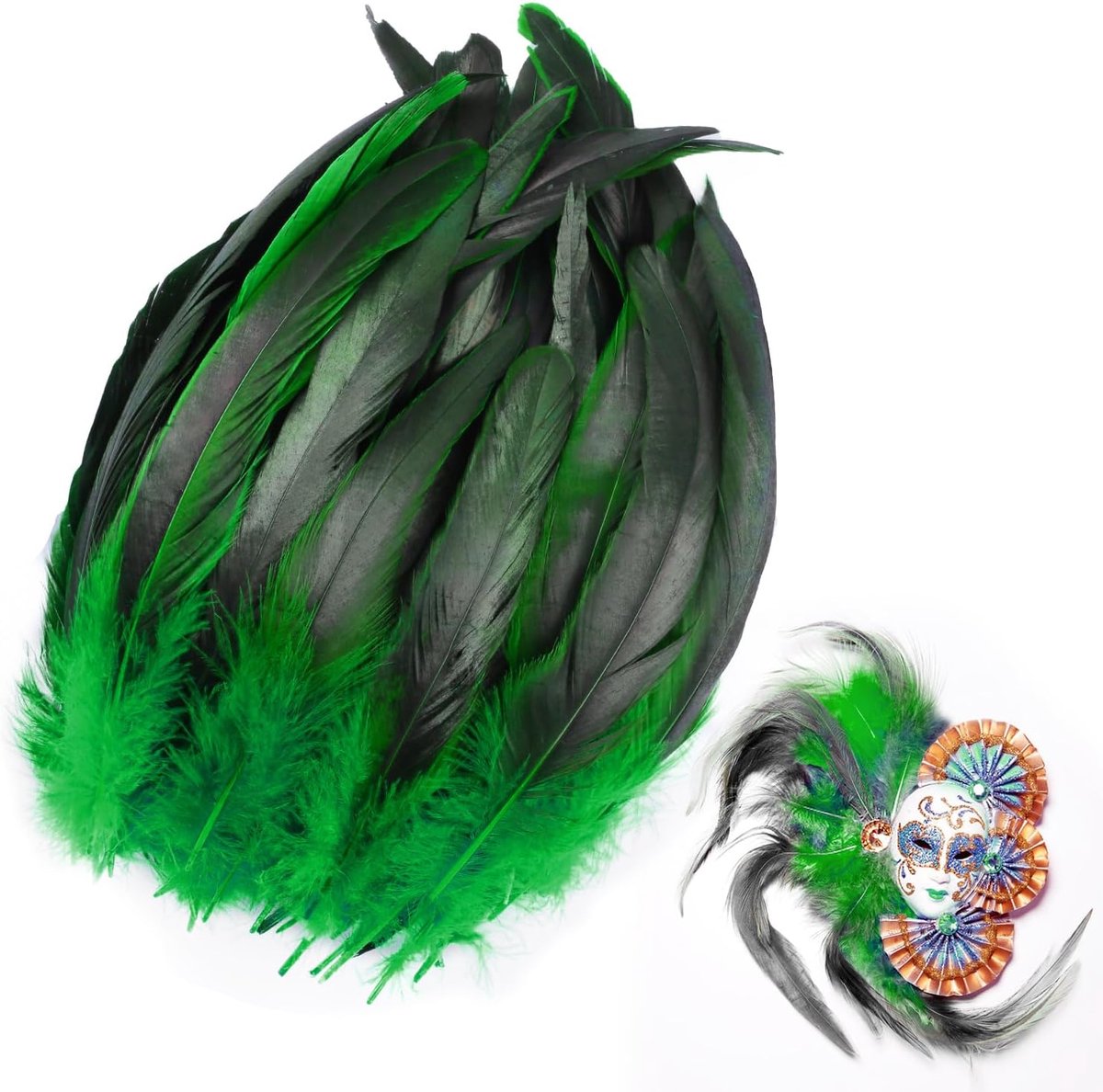 Veren, 20-25 cm, kraanveren, decoratie, fazantveren, veren om te knutselen, natuurlijke veren, fazanenveren, knutselveren, groot, voor feestmaskerdecoratie, groen