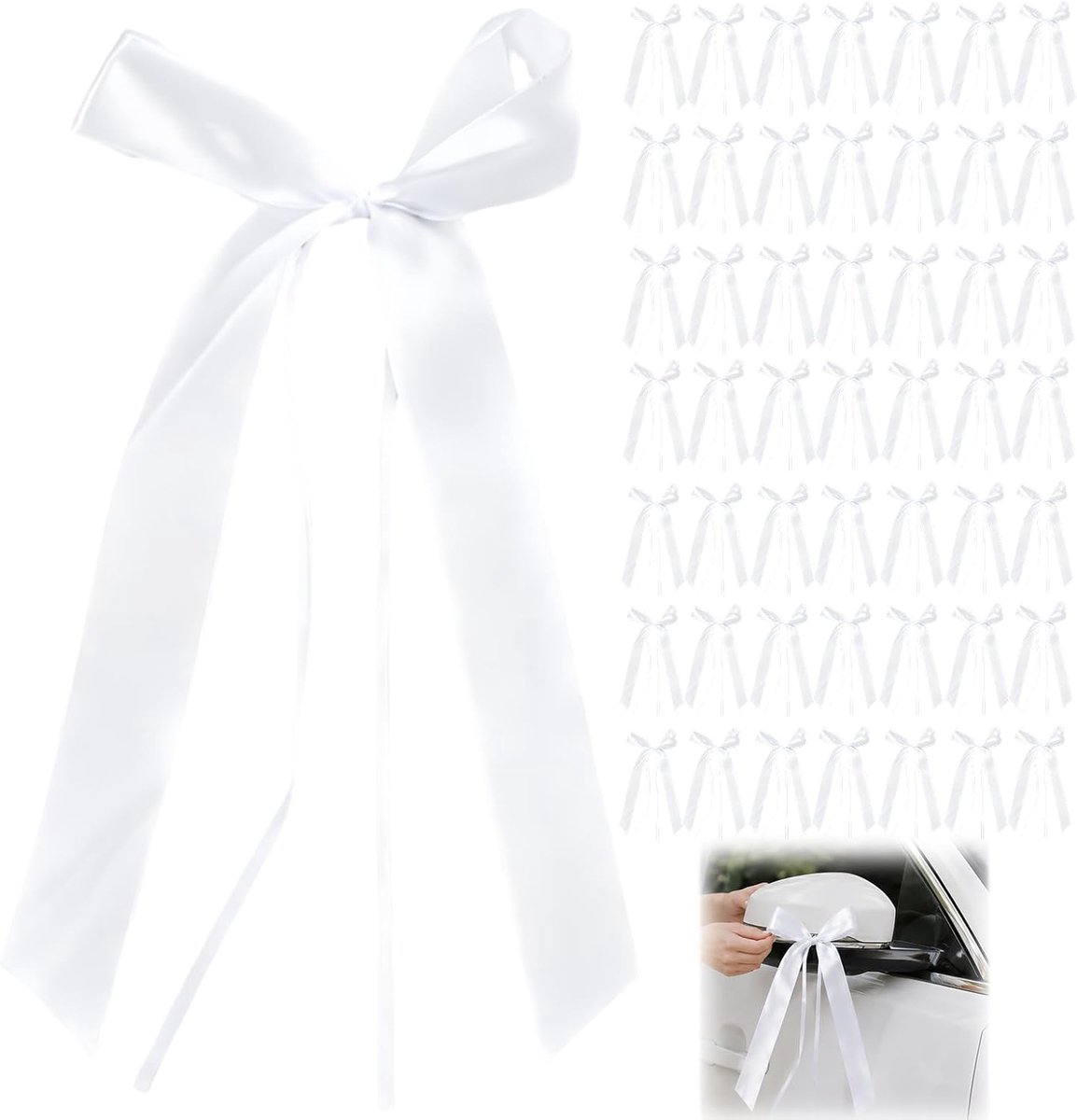 Strikken voor bruiloftsauto, autodecoratie met dubbele strik voor achteruitkijkspiegel en handvat, accessoires voor ceremonie en gemeentehuis