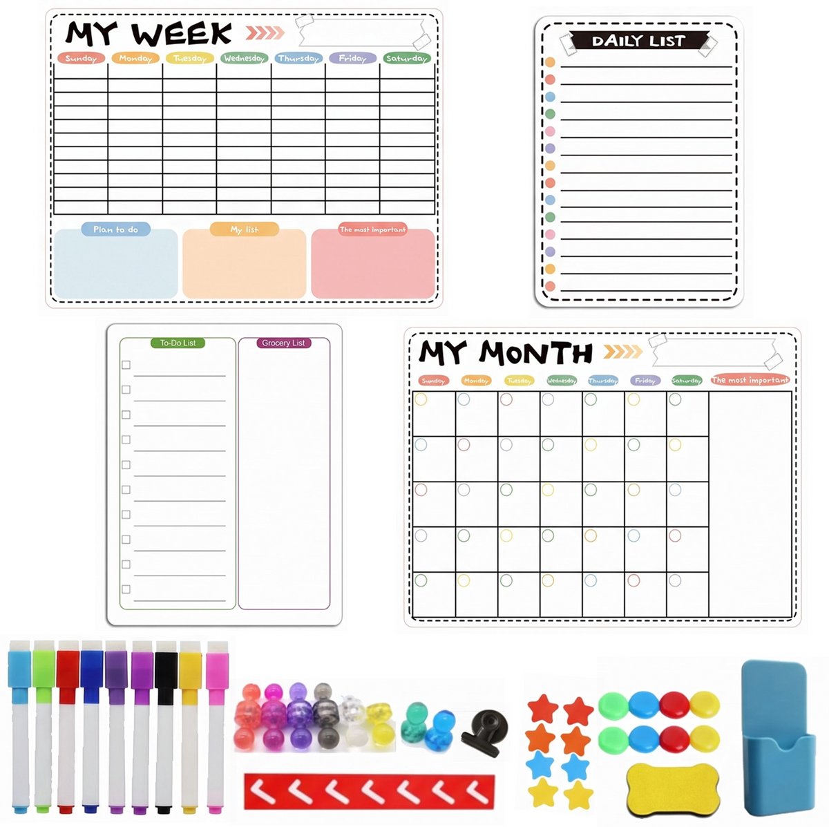 Fokelyi Magnetisch Weekplanner - Maandplanner Whiteboard Set -4 Planborden – Inclusief 8 Markers & Wisser – Magnetisch Planbord – A3 Formaat – Familieplanner – Gezinsplanner – To Do Planner