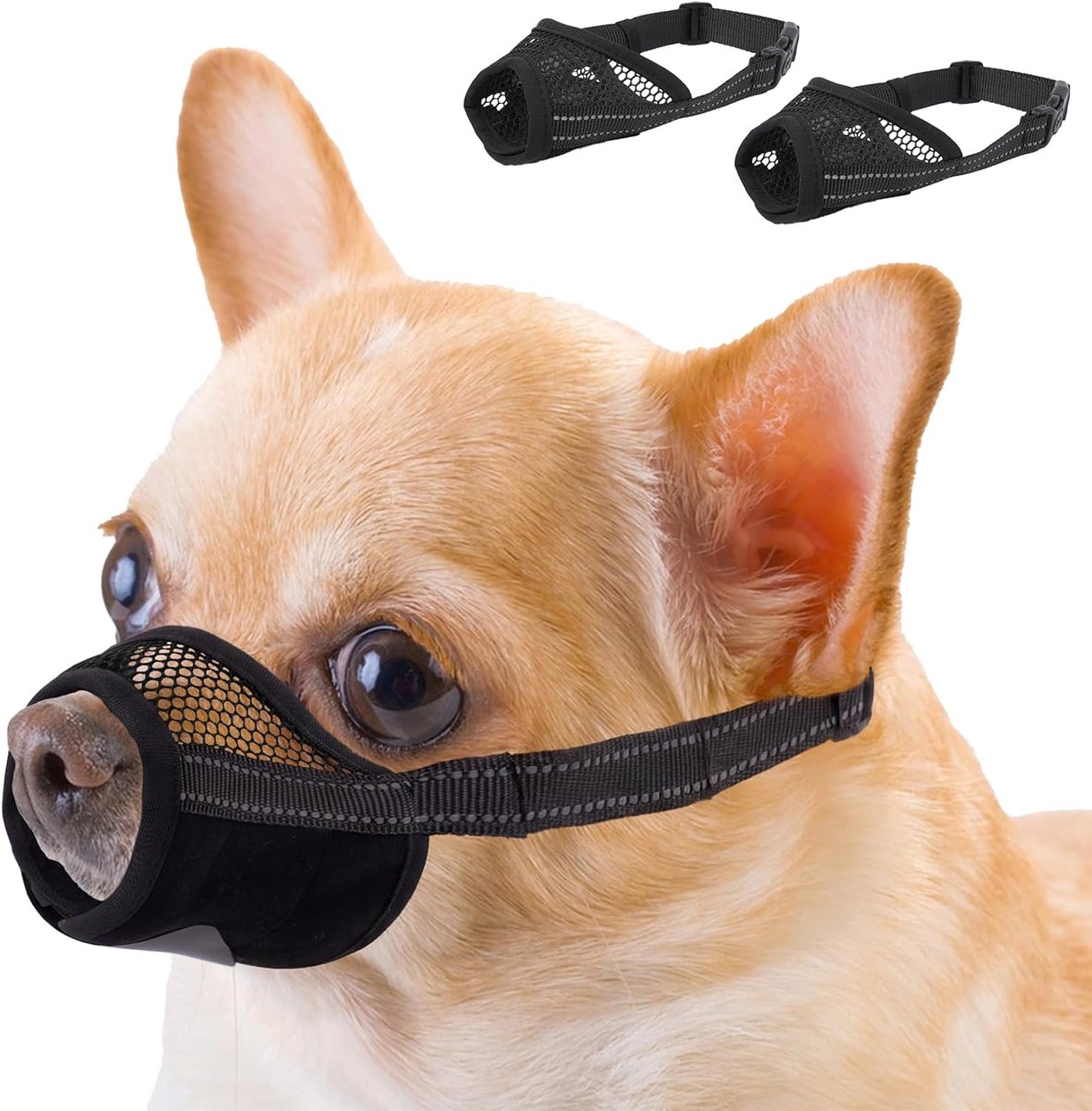 2 stuks muilkorf voor kleine honden, zachte nylon hondenmuilkorf, Air Mesh ademende muilkorf, vermindert blaffen en voorkomt likken en bijten (zwart, XS)