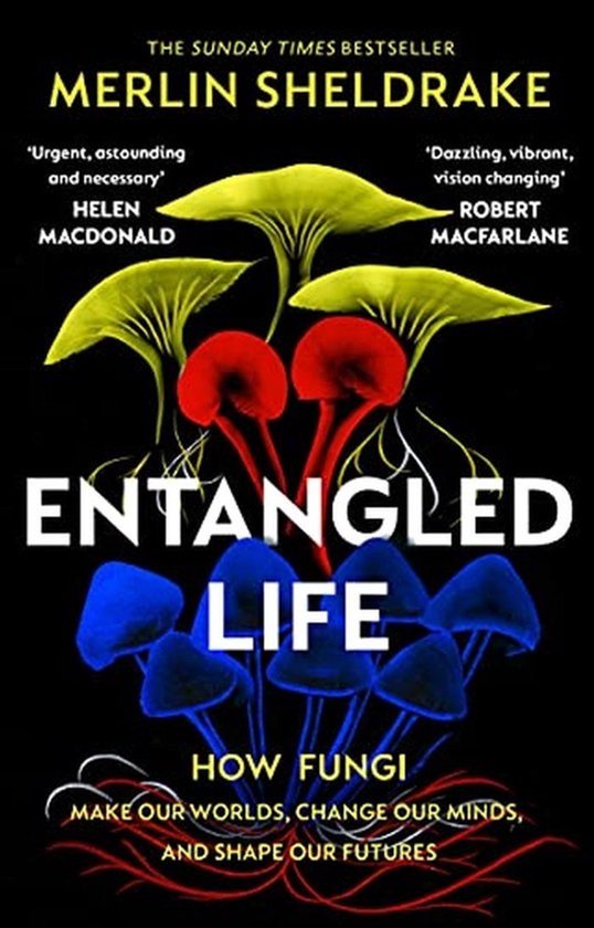 Boekkaft: 'Entangled Life' met gele, rode en blauwe paddenstoelen.