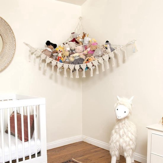 Macramé Knuffeldieren Hangmat - Boho Stijl Speelgoed Opbergnet voor Kinderkamer | Ruimtebesparende Ophangorganizer voor Knuffels | Stevig Geweven Katoen met Veilig Bevestigingssysteem | Eenvoudig te Installeren — afbeelding 3