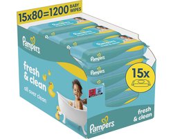 Pampers Fresh Clean - Billendoekjes - Zachte En Frisse Geur - Ook Voor Handjes En Gezichtje - 15 verpakkingen van 80 doekjes = 1200 Babydoekjes