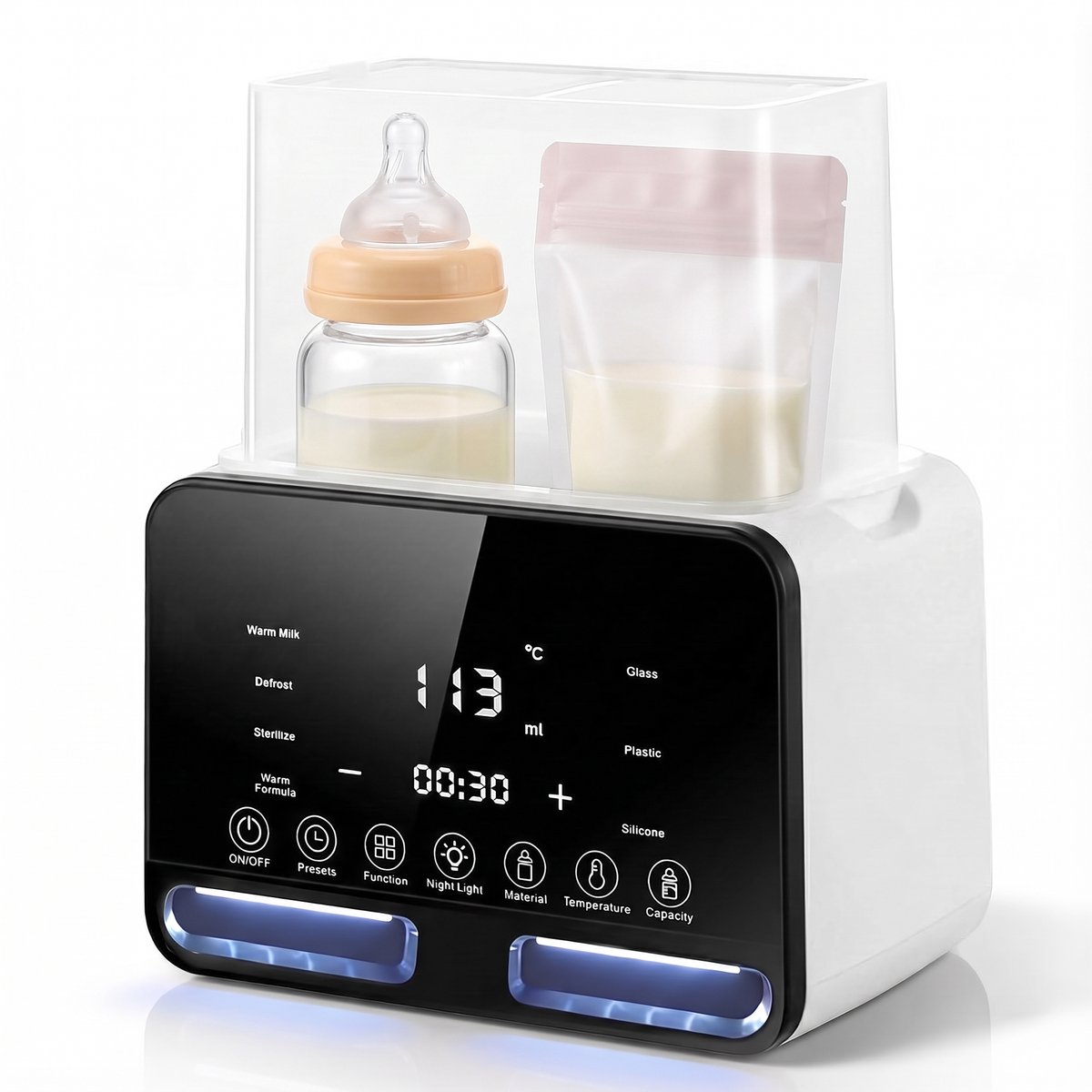 8-in-1 Flessenwarmer voor 2 Flessen - Digitale Melkverwarmer met Instelbare Temperatuur, Ontdooien, Stoomfunctie en Nachtlampje - EU-stekker 220 V - Nauwkeurige Verwarming tot 37°C - Stoomsterilisatie 100°C - LCD Scherm - Stil en Veilig