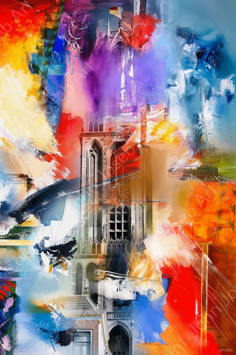 John Joseb Art (Glas) 90x60 | Utrecht, de Domtoren, abstract in olieverf look | Abstract, de Dom , gebouw, stad, rood, blauw, geel, paars | Foto-schilderij-glasschilderij-acrylglas-acrylaat-wanddecoratie | KIES JE MAAT Acrylglas, dikte 5 mm