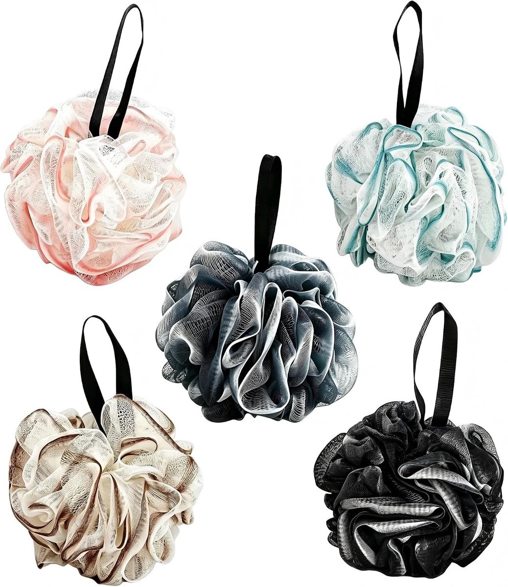 Set van 5 luxe bad loofah sponzen, hoge dichtheid mesh, rijk schuimen, diepe peeling, 15 cm, met ophangriem voor een verfrissende doucheervaring