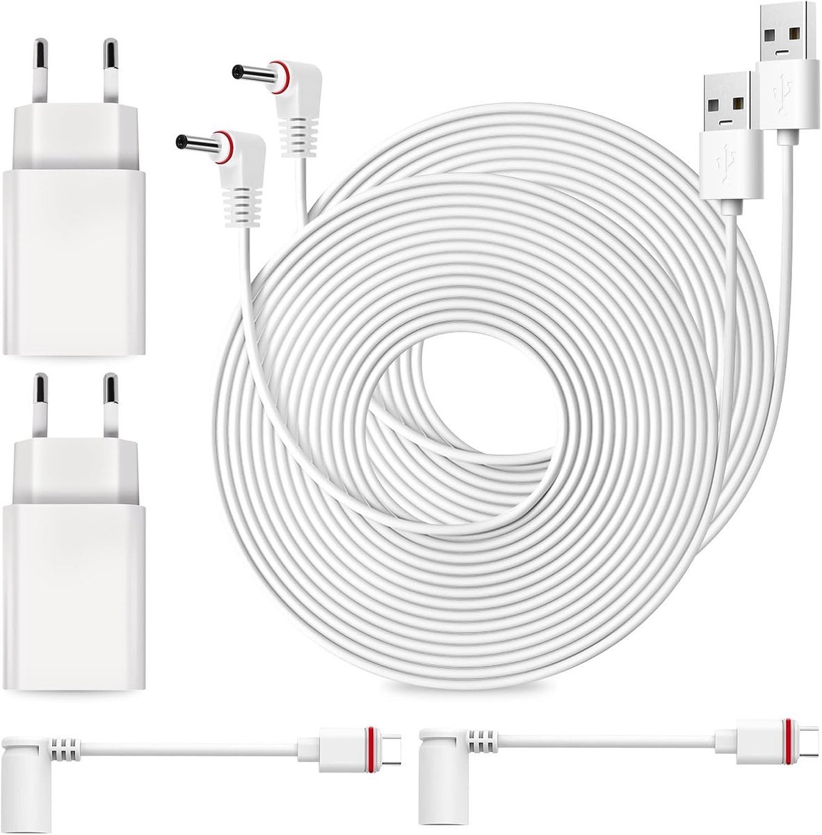 Pack van 2 10m Voedingskabels en Adapters, Weerbestendige Stekker en USB-C Oplaadkabel voor Ring Spotlight Cam Plus/Pro en Stick Up Cam