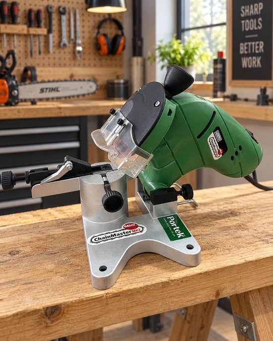 Groene Portek Mini ChainMaster Mk2 kettingzaagslijper op een houten tafel, voor een gereedschapswand.