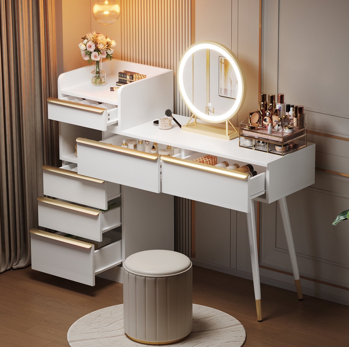 MEUNIQ Kaptafel met uitschuifbaar tafelblad, LED-spiegel met dimbaar licht en 3 lichtkleuren, 6 lades, open vak en goudkleurige handgrepen, wit
