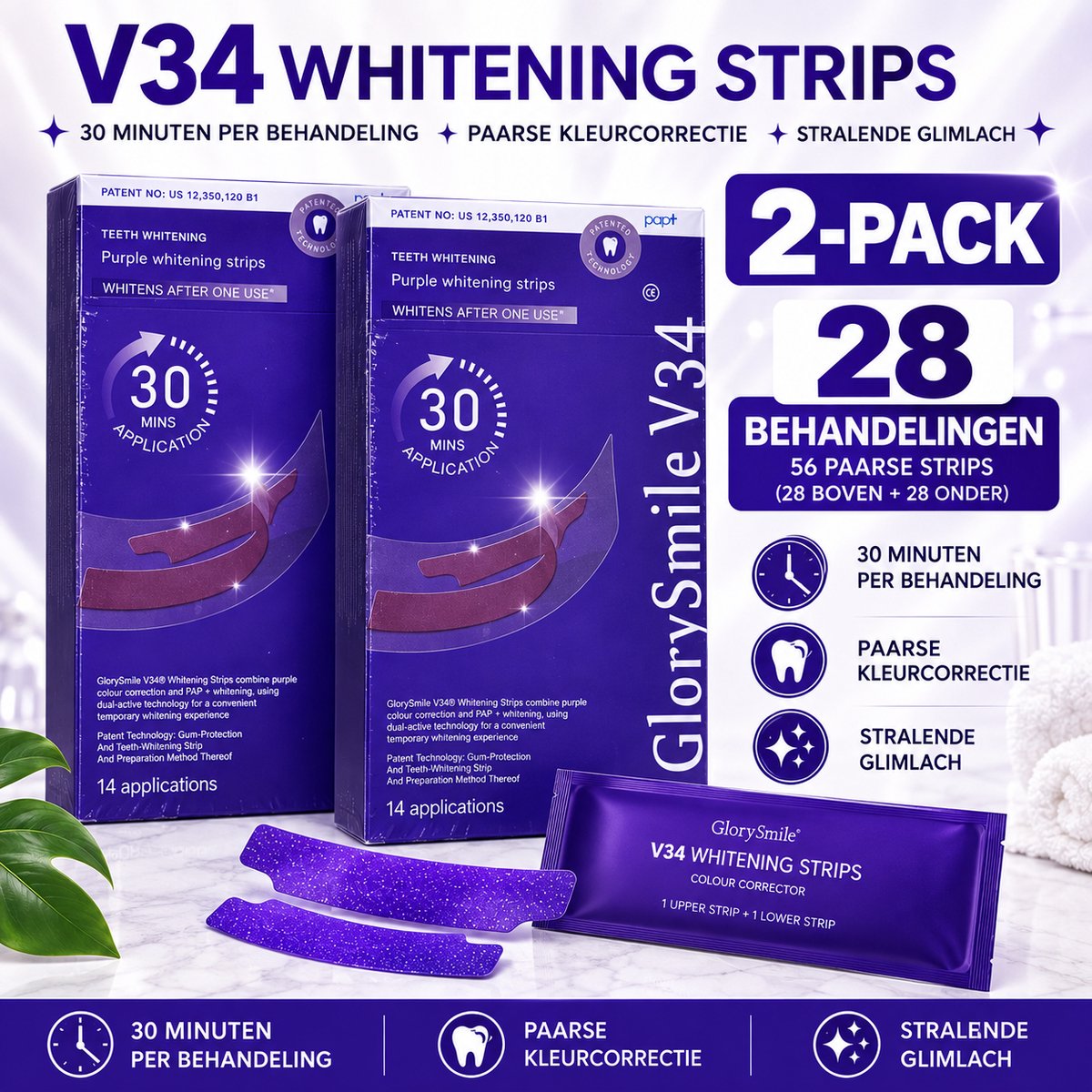 GlorySmile V34 Paarse Tandenbleekstrips - 2 stuks - 28 behandelingen - Teeth Whitening - Tanden Bleken - Teeth Whitening Strips