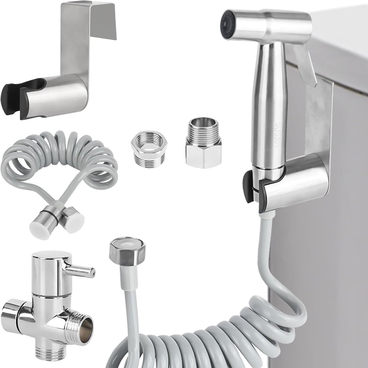 Handdouche Set voor Bidet, RVS Douchekop voor Toilet, Inclusief G1/2 Inch Ventiel en G3/8 Inch Aansluiting, Ideaal voor Persoonlijke Hygiëne en Comfort