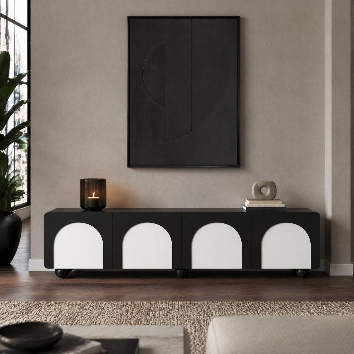 MEUNIQ TV-meubel 180 x 38 x 45 cm met 2 lades, 2 deuren en kabeldoorvoeren – laag dressoir voor woonkamer of slaapkamer – zwart-wit