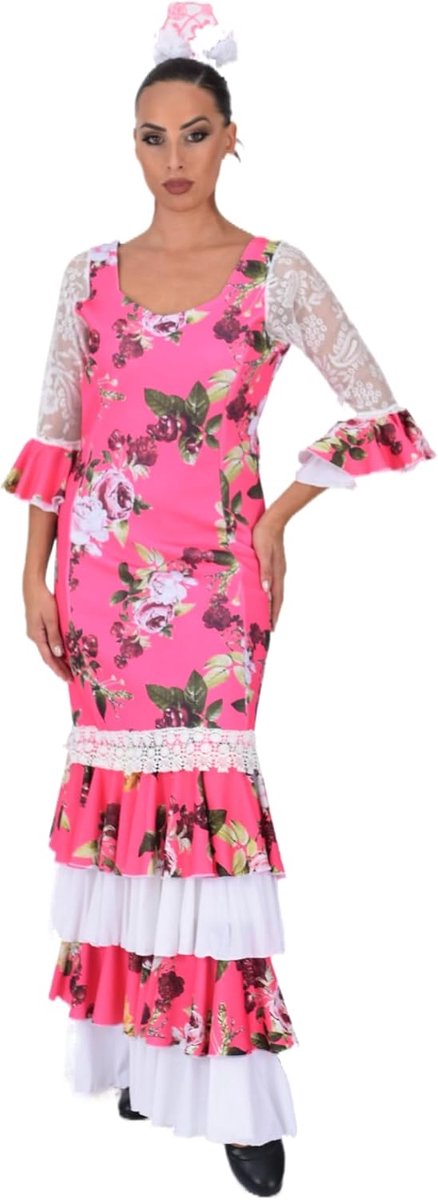 Flamenco-jurk voor dames met ruches, beurs- of Sevillana-kostuum met kanten mouwen en bloemenprint