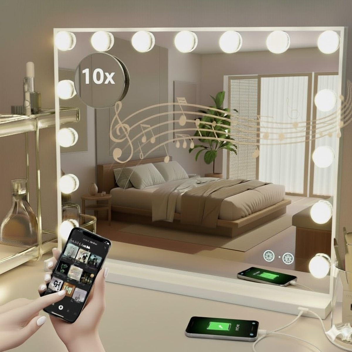 Spiegel – 58×46cm - 3 lichtkleuren - Dimbaar – 10× detailspiegel – Wand & tafel – Wit – 15 lampen (Wit + Bluetooth)