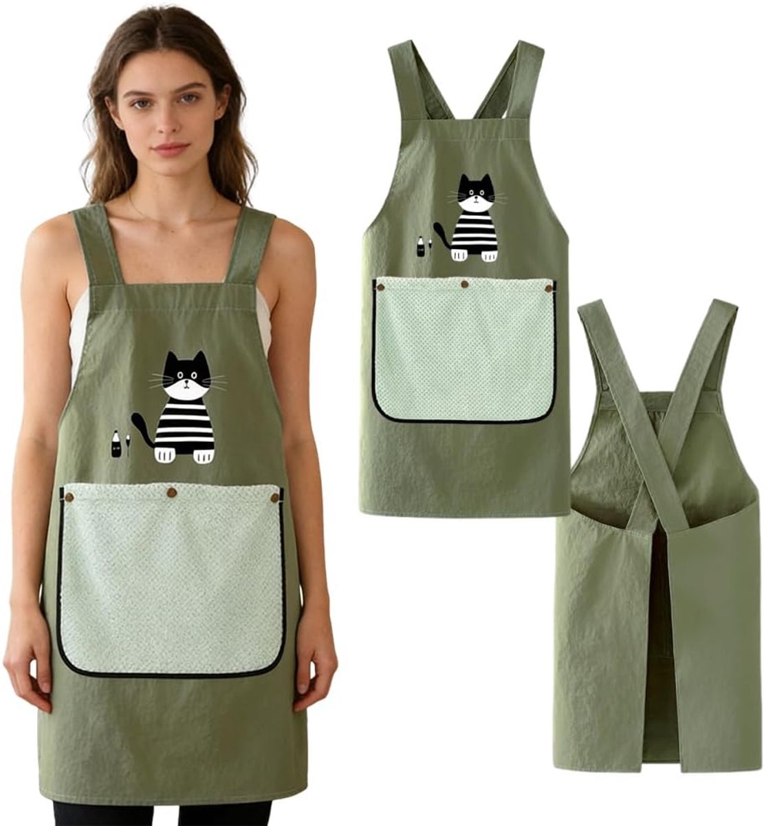 Schort met kruis aan de achterkant met schattig kattenpatroon, keukenschort met zakken, afneembare handdoek, zachte waterdichte Taslonstof, voor koken, bakken, reinigen, universeel