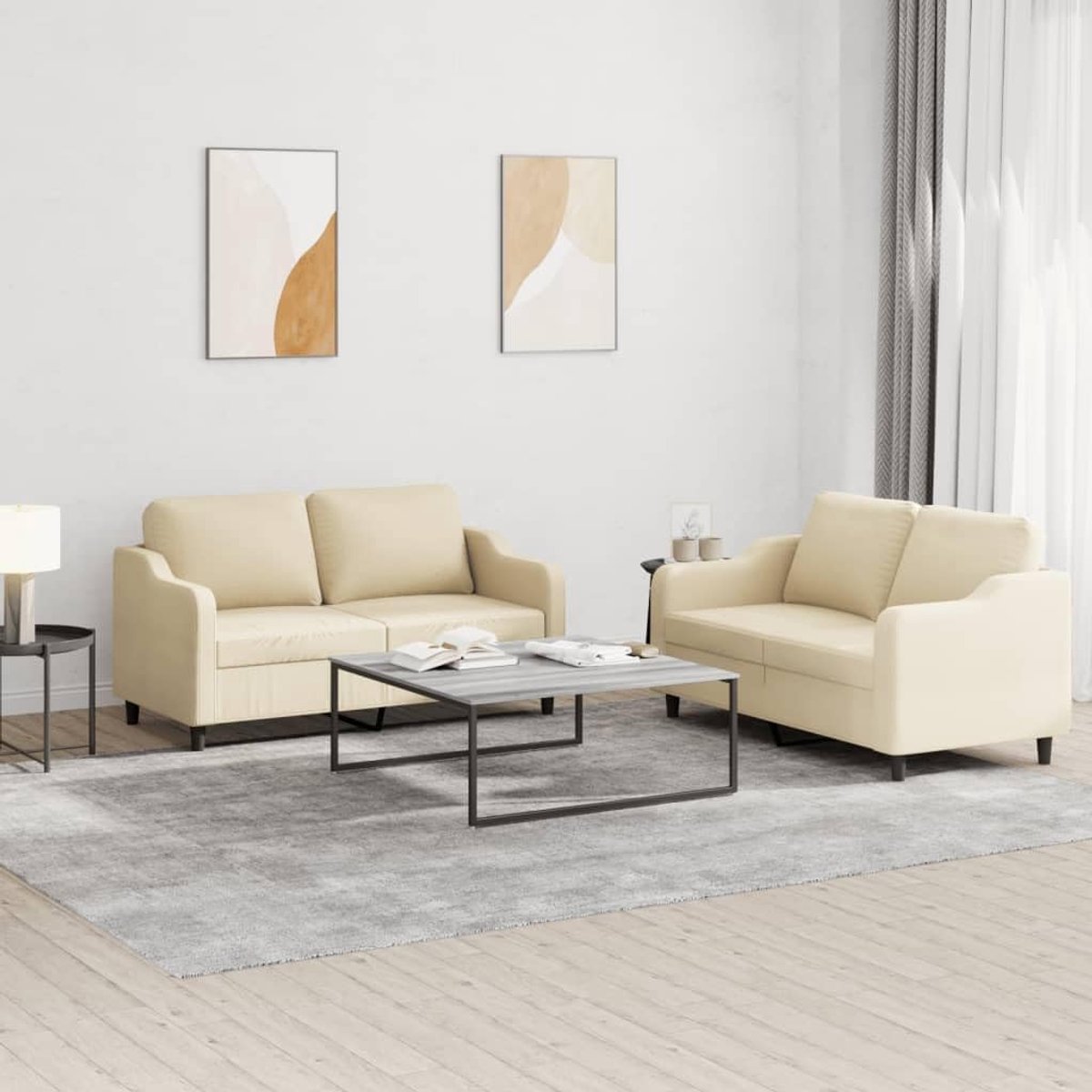 2-delige bankstel, sofa, bank, woonkamerbank, loungesofa bankstel, zitmeubel voor woonkamer kantoor, met kussen, crème stof