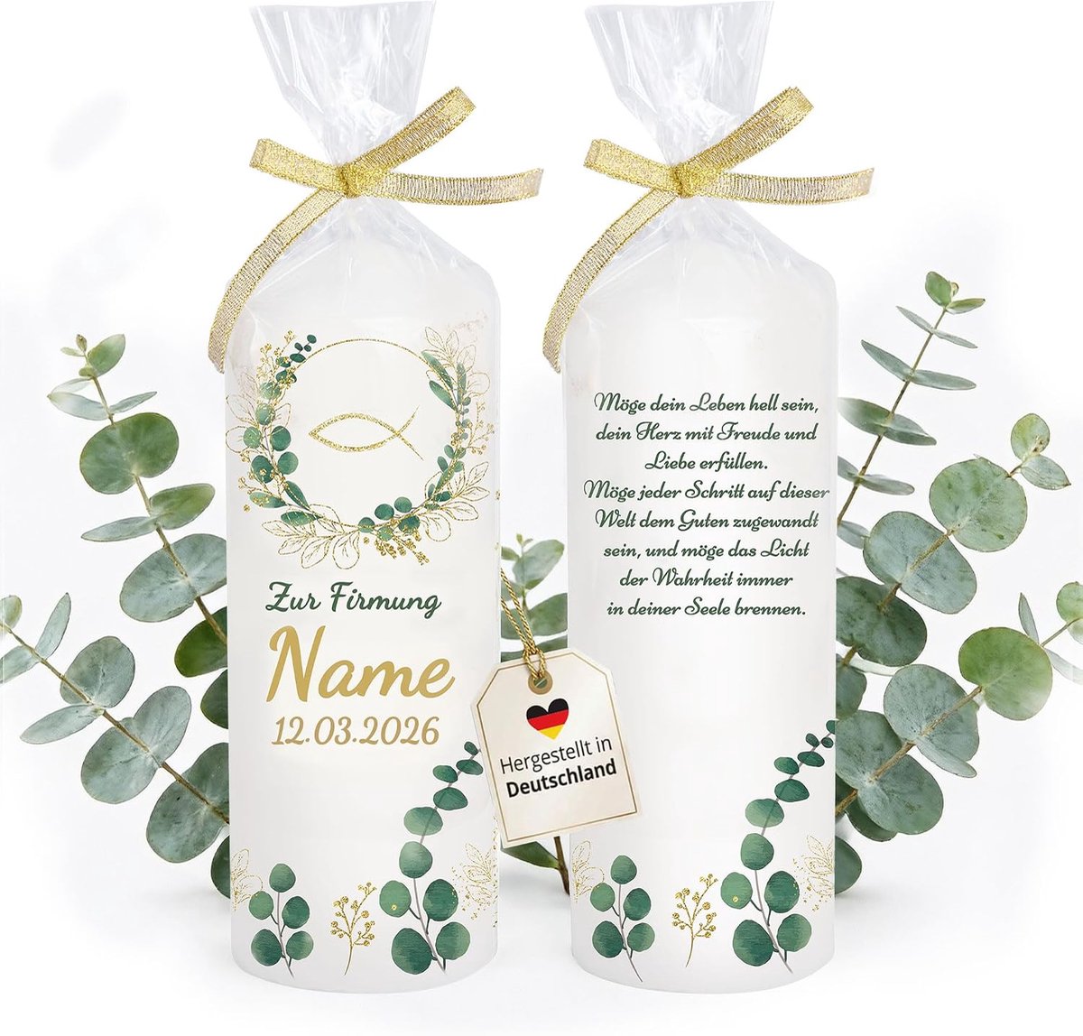 Vormsel gouden bladeren vis individuele naam en datum aanvulbaar als tafeldecoratie. Liefdevolle kaars decoratie. Tafeldecoratie als cadeau. Brandduur: 30 uur, Ø 6,8 x hoogte 15 cm
