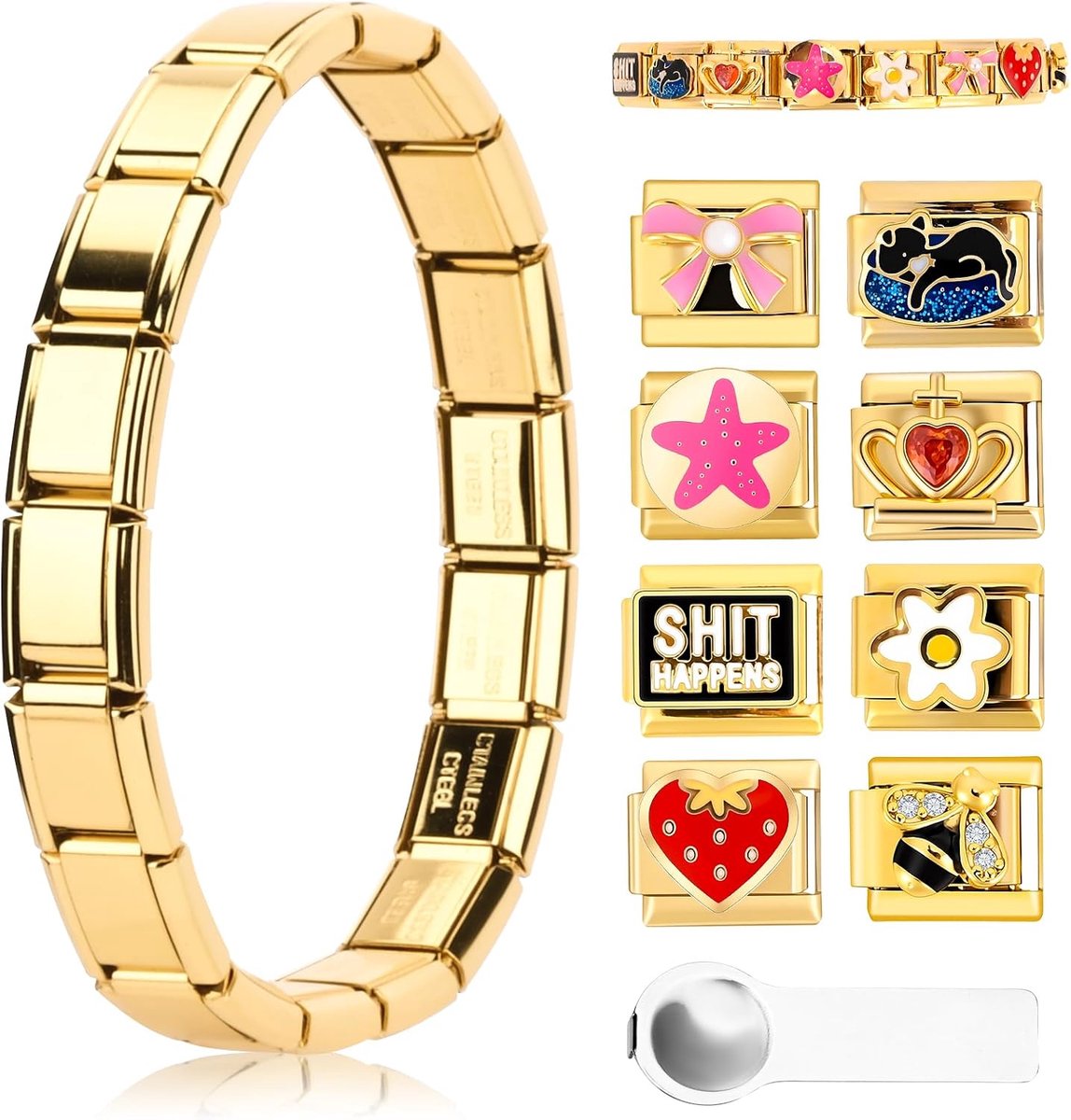 Italiaanse bedelarmbanden, Italiaanse bedelarmbandenset, doe-het-zelf afneembare modules voor 9 mm armbanden, Italiaanse bedelarmbanden, armband, gouden bedels met openingsgereedschap, voor