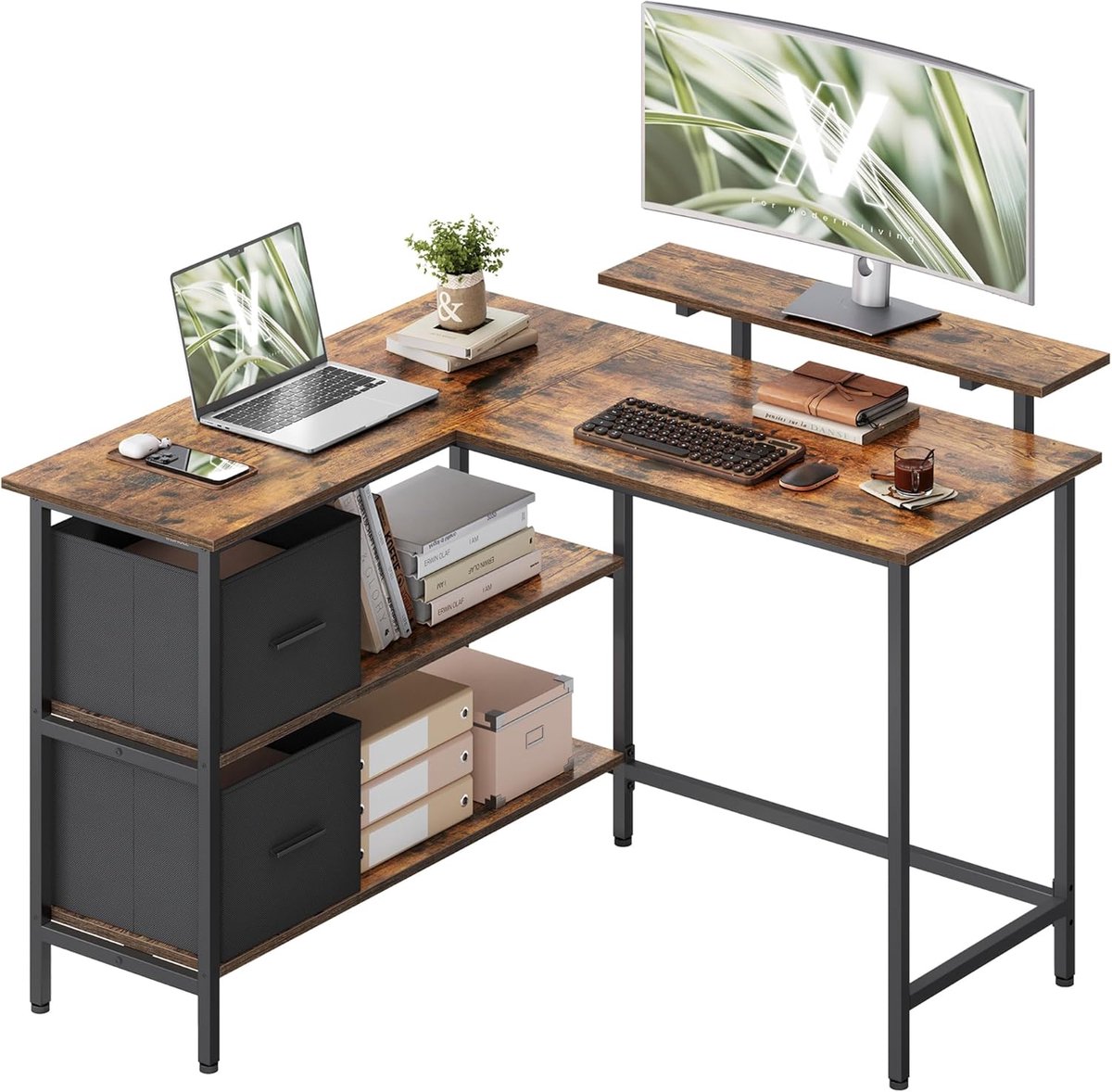 VASAGLE L-vormige bureau met 2 ruime laden, gaming bureau met monitor stand, hoek bureau, computer bureau met verstelbare opbergplank, voor thuiskantoor, 115 x 105 cm, rustiek bruin