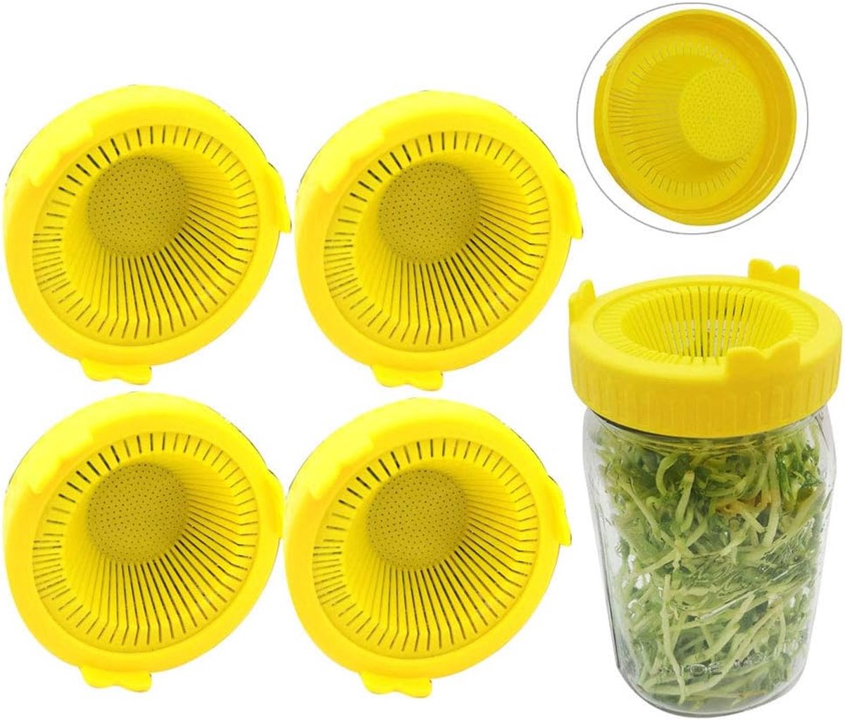 4 Stks Zaad Kiemen Kit, Mason Cup Groeiende Kiem Deksel voor Groeiende Broccoli Zaden Alfalfa Mung Linzen Snavels Taugé (Geel)