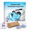 Boîte de 24 tablettes nettoyantes pour machine à laver, parfum lavande, deux tablettes en haut à gauche.