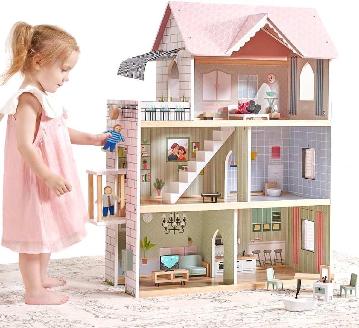 Bean Poppenhuis Hout 80cm Met Lift Bel Licht