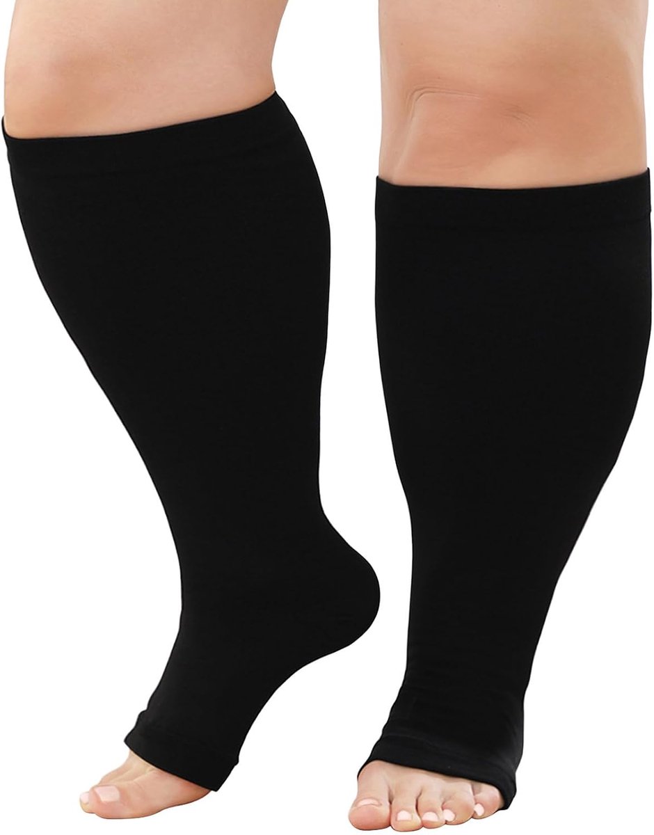 Sokken: Compression Socks Grote Maten Wijde Kuit Open Teen 20-30 mmhg voor Verpleegster Hardlopen Sport Reizen Zwangerschap Zwart Beige 1 Paar