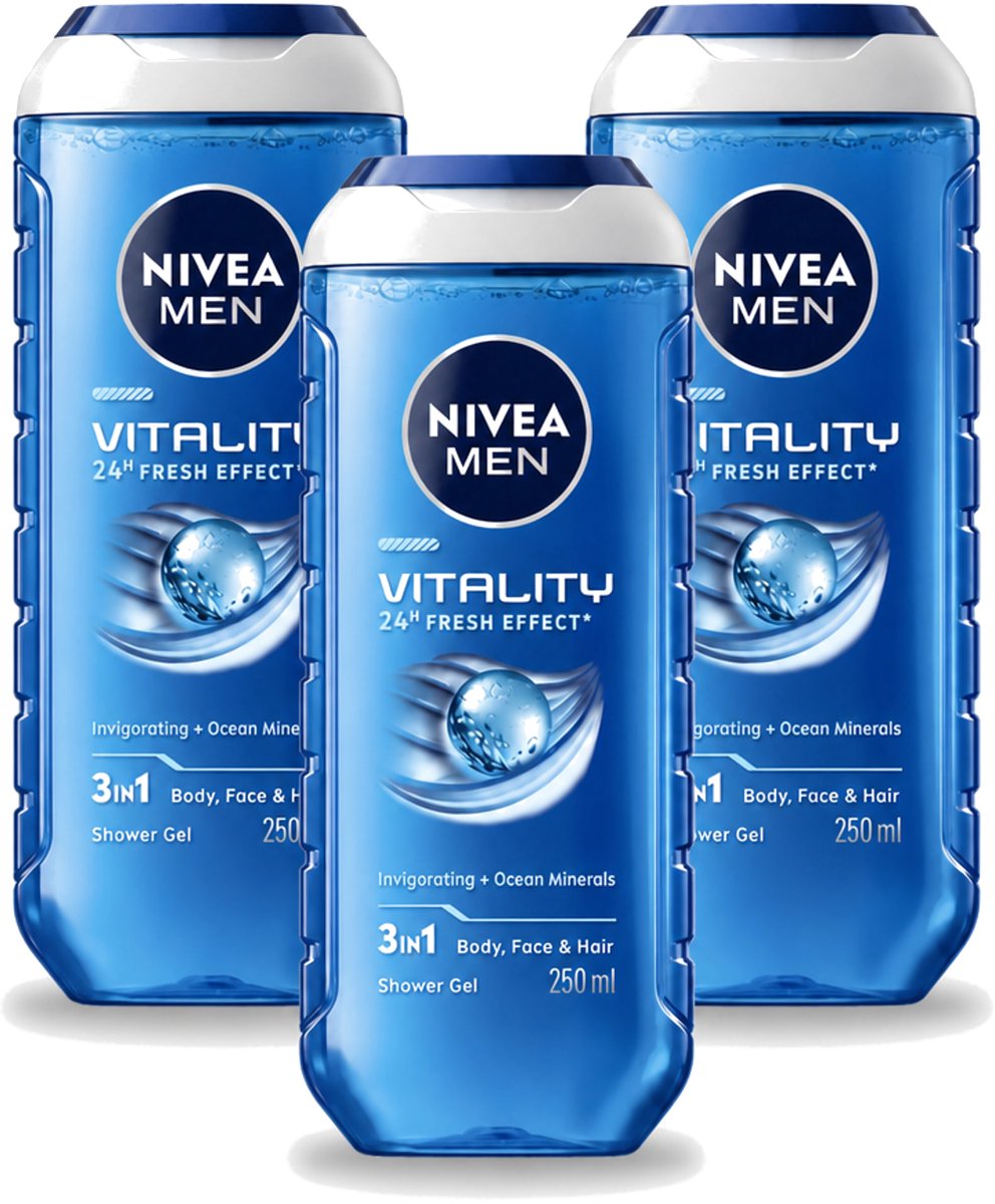 3 x Nivea Men – Douchegel – Vitality 3-in-1 – 250 ml - Voordeelverpakking - 3 stuks