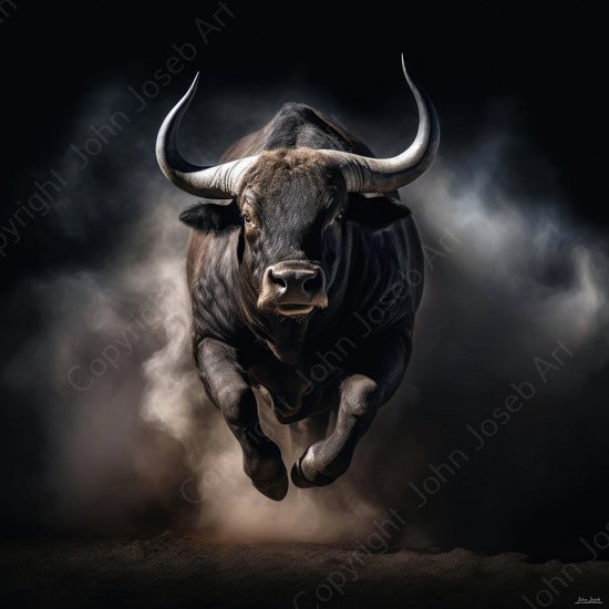 Een zwarte stier met grote hoorns rent door stof. De stier is in volle vaart en kijkt recht vooruit.