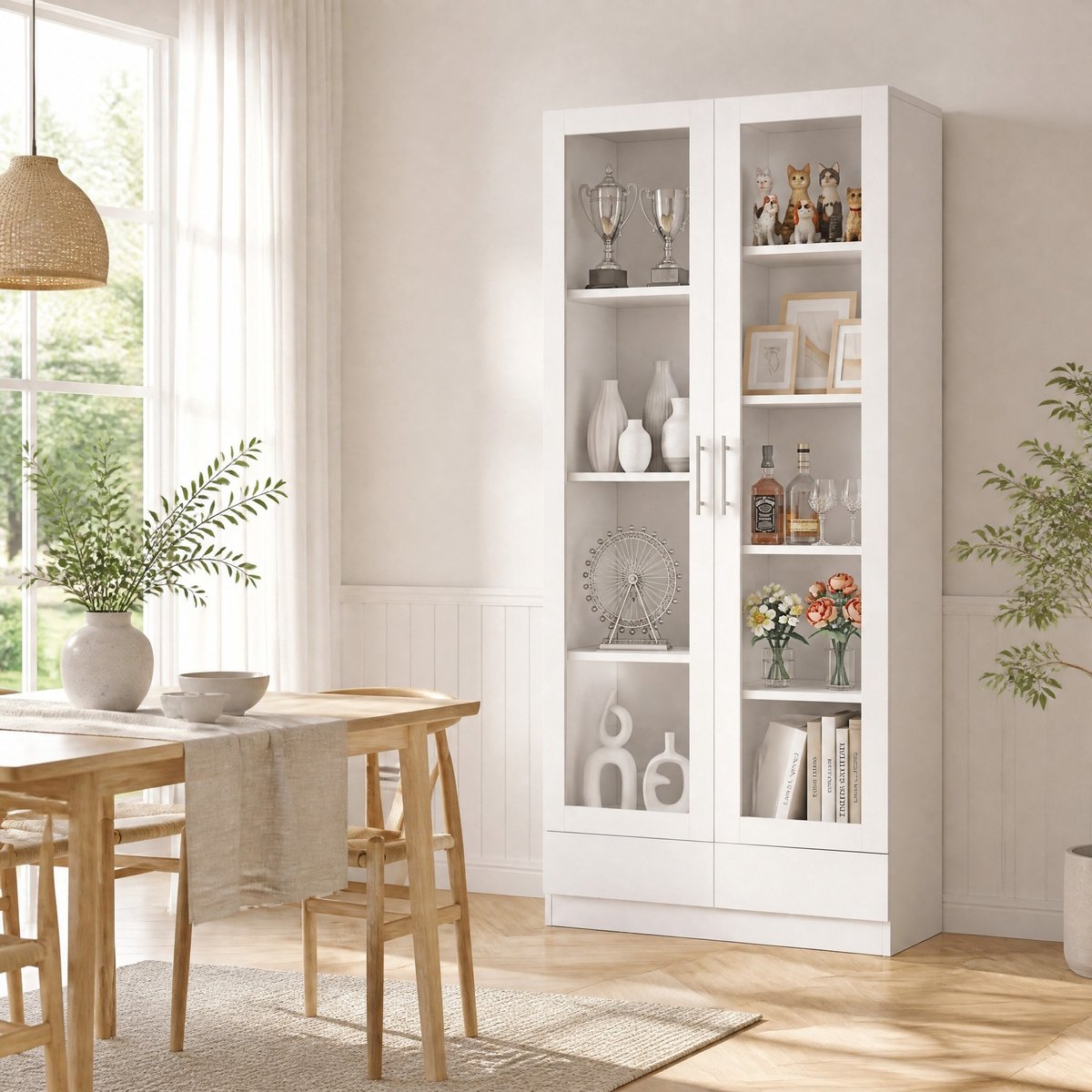MEUNIQ Vitrinekast 80 x 40 x 160 cm met 2 glasdeuren, 9 vakken en 2 push-to-open lades, witte opbergkast voor woonkamer, slaapkamer of kantoor