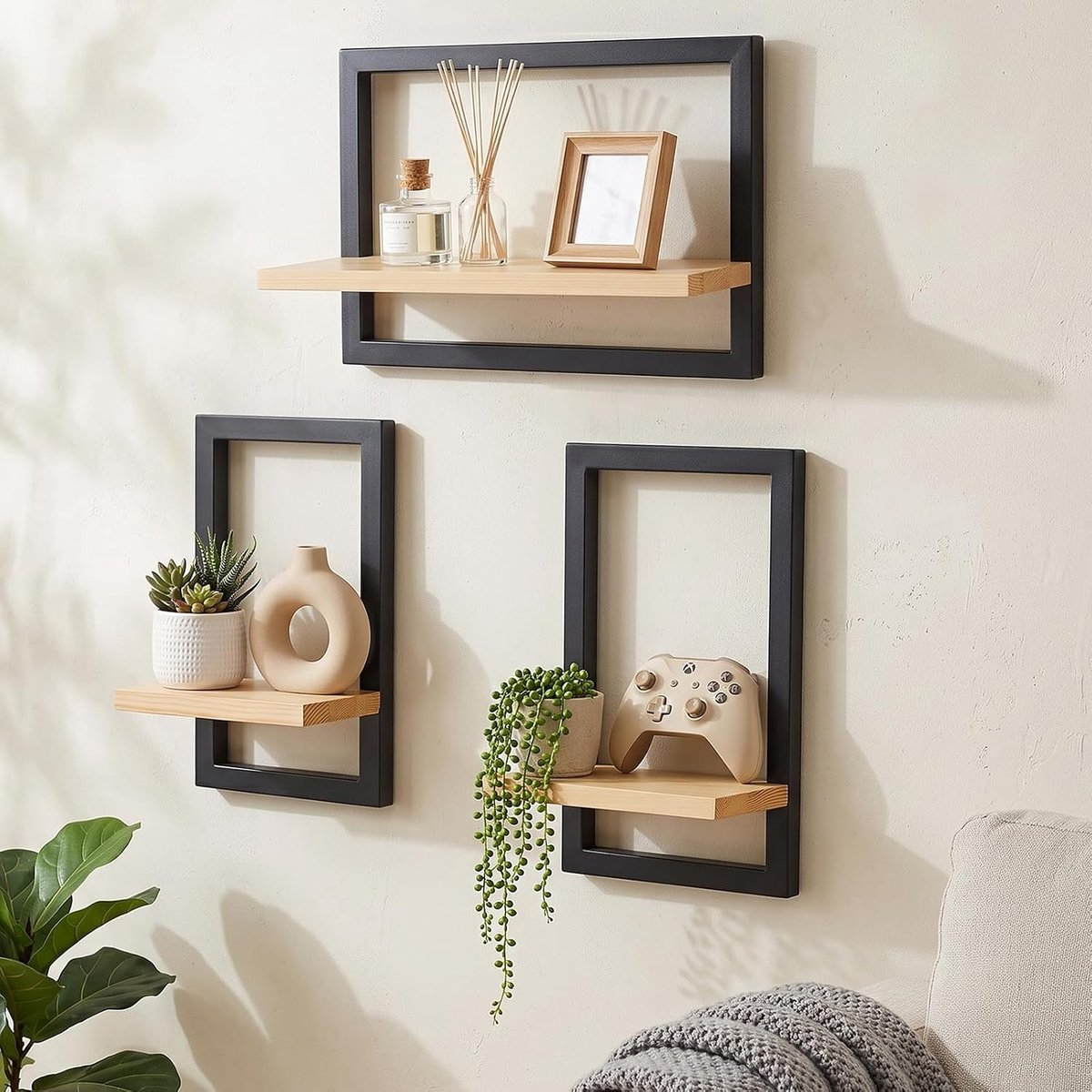 Zwevende planken voor muur, hangende planken voor wandopslag, vierkant houten decor gemonteerd voor badkamer, woonkamer, boerderij, zwart