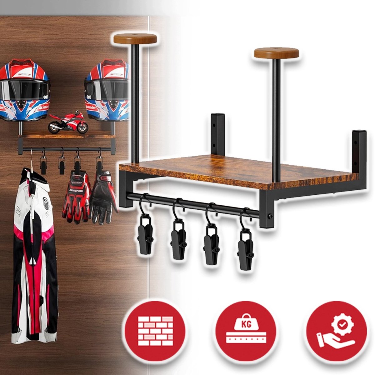 Wandgemonteerde Helm- En Kapstok Met 4 Haken En Plank – 20 kg Draagvermogen – Hout En Metaal Met Rustiek Design – Voor Motorhelmen, Fietshelmen En Sportkleding