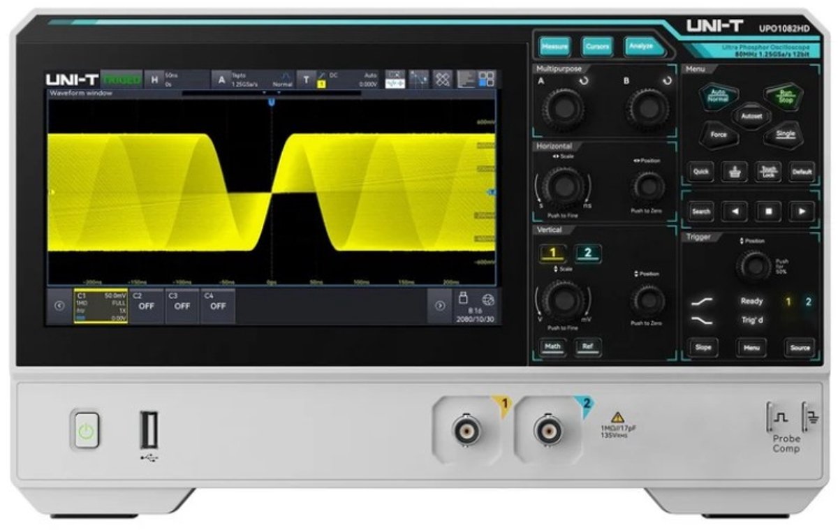 High-resolution oscilloscoop 2 kanalen, 12 bit, 80MHz, 1,25GSa/s, 100Mpts, 100.000 wfms/s, 7" touchscreen, UNI-T