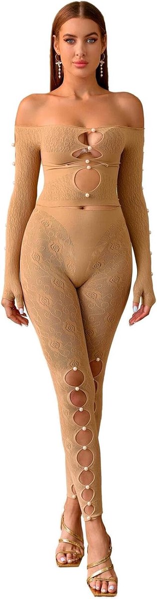 Dames visnet set bodystocking party kleding clubwear top & panty sexy mesh lingerie jumpsuits