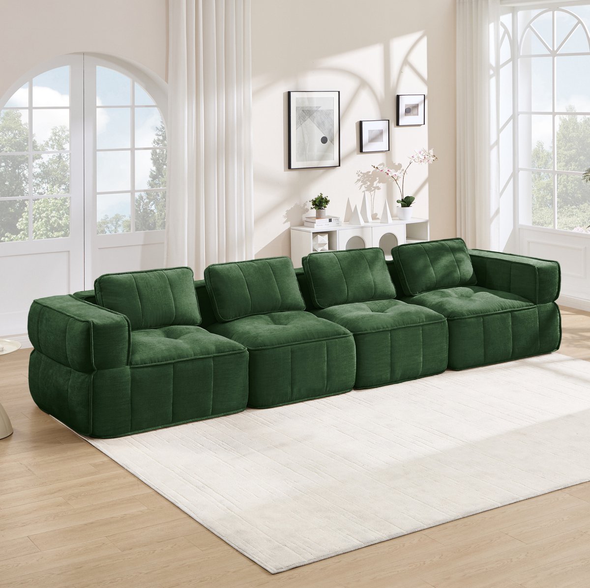 COVREO 4-zits bank met 32D schuim – 344x93x67 cm – Modulaire zitbank met brede armleuningen – Sofa voor woonkamer – Groen