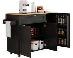 Groot Mobiel Keukeneiland - Inklapbaar Werkblad - Met Lades, Kast & Kruidenrek - Zwart & Eiken Look