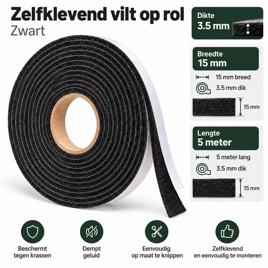 Zwart zelfklevend vilt op rol, 15 mm breed en 3.5 mm dik. Lengte 5 meter. Beschermt tegen krassen.