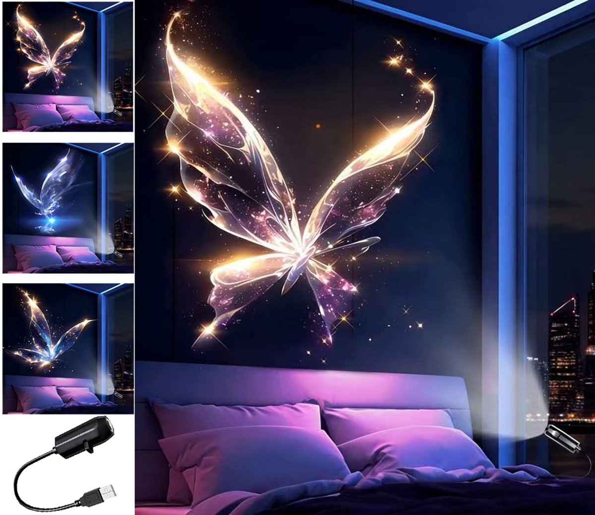Sterrenprojector - 2-in-1 Projector - Planet Projector - Met 3 Films - Sterren Nachtlamp - Projectorlamp - Nachtlampje - Galaxy Projector - Sterrenhemel Projector - Sterrenlamp - HD - Plug-and-play - USB - Cadeau - Voor Auto en Kinderkamer - Vlinder