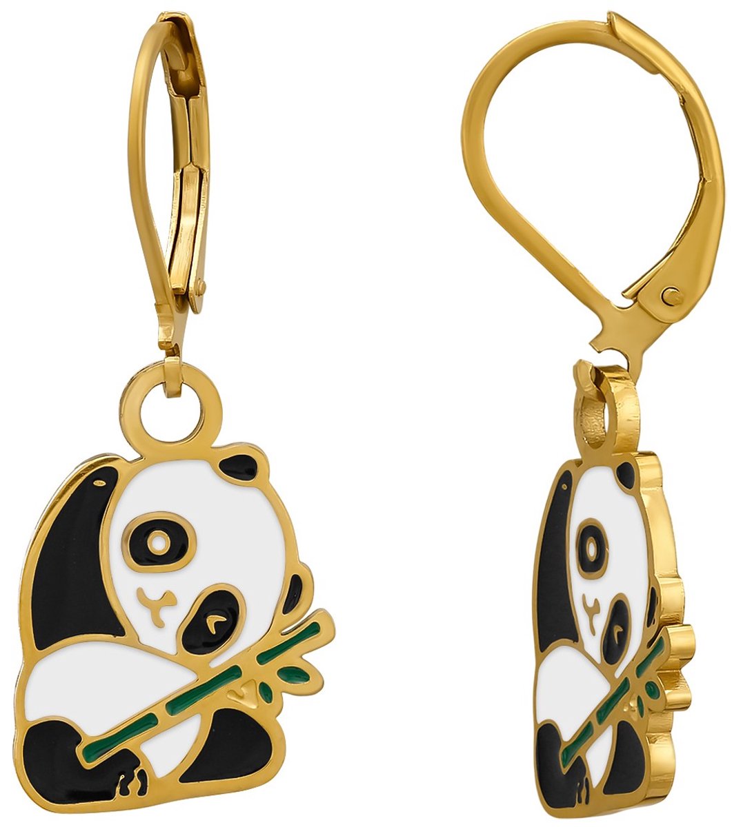 Joy|S - Panda bedel oorbellen - Brisure sluiting - Chirurgisch staal - zwart wit - ip/pvd gold plated - pandabeer met leverback - kinderoorbellen