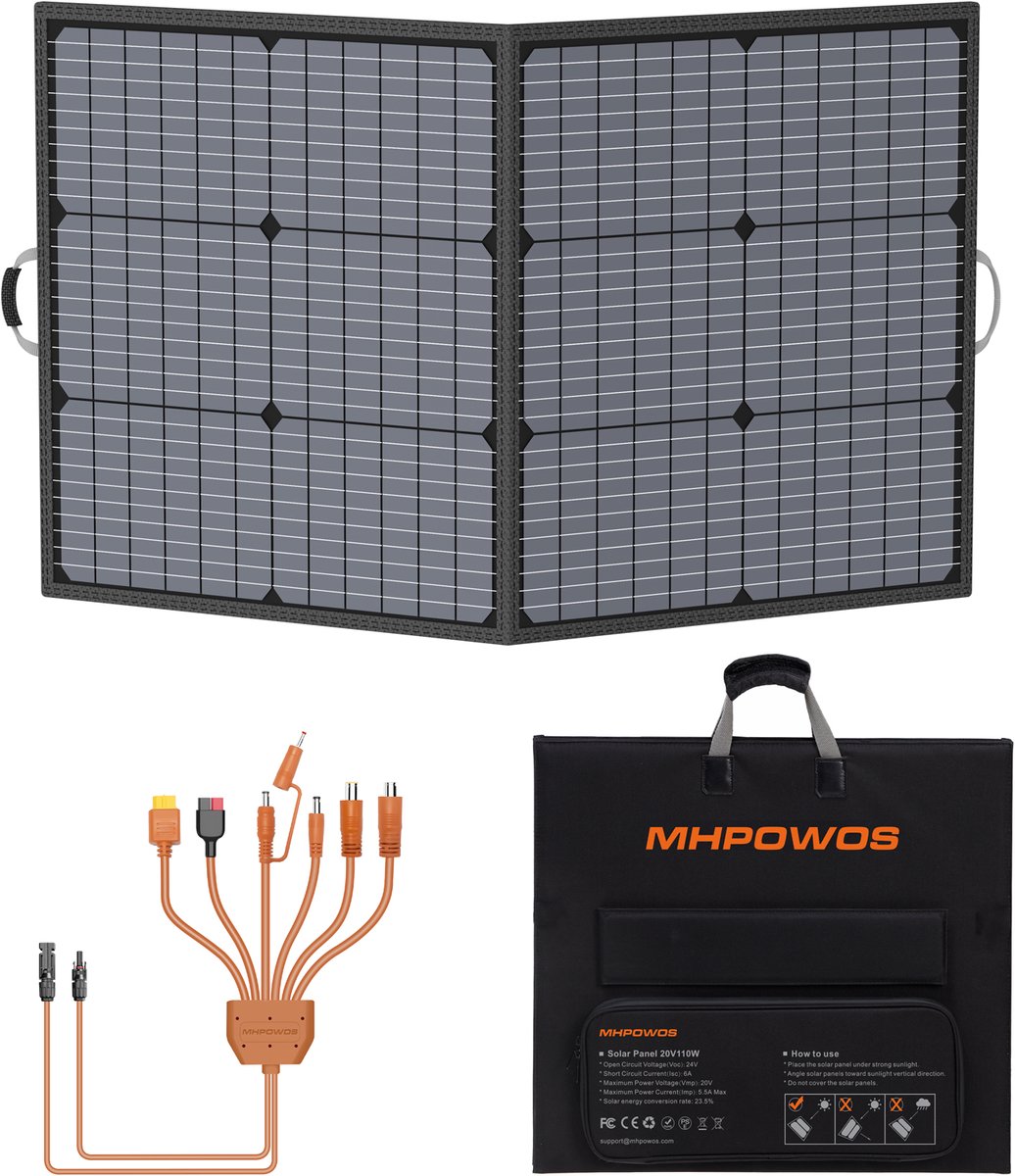 Vouwbaar Zonnepaneel 110W Monocristallijn | IP67 Waterbestendig Draagbaar Zonnepaneel voor Camping, Camper, Noodstroom