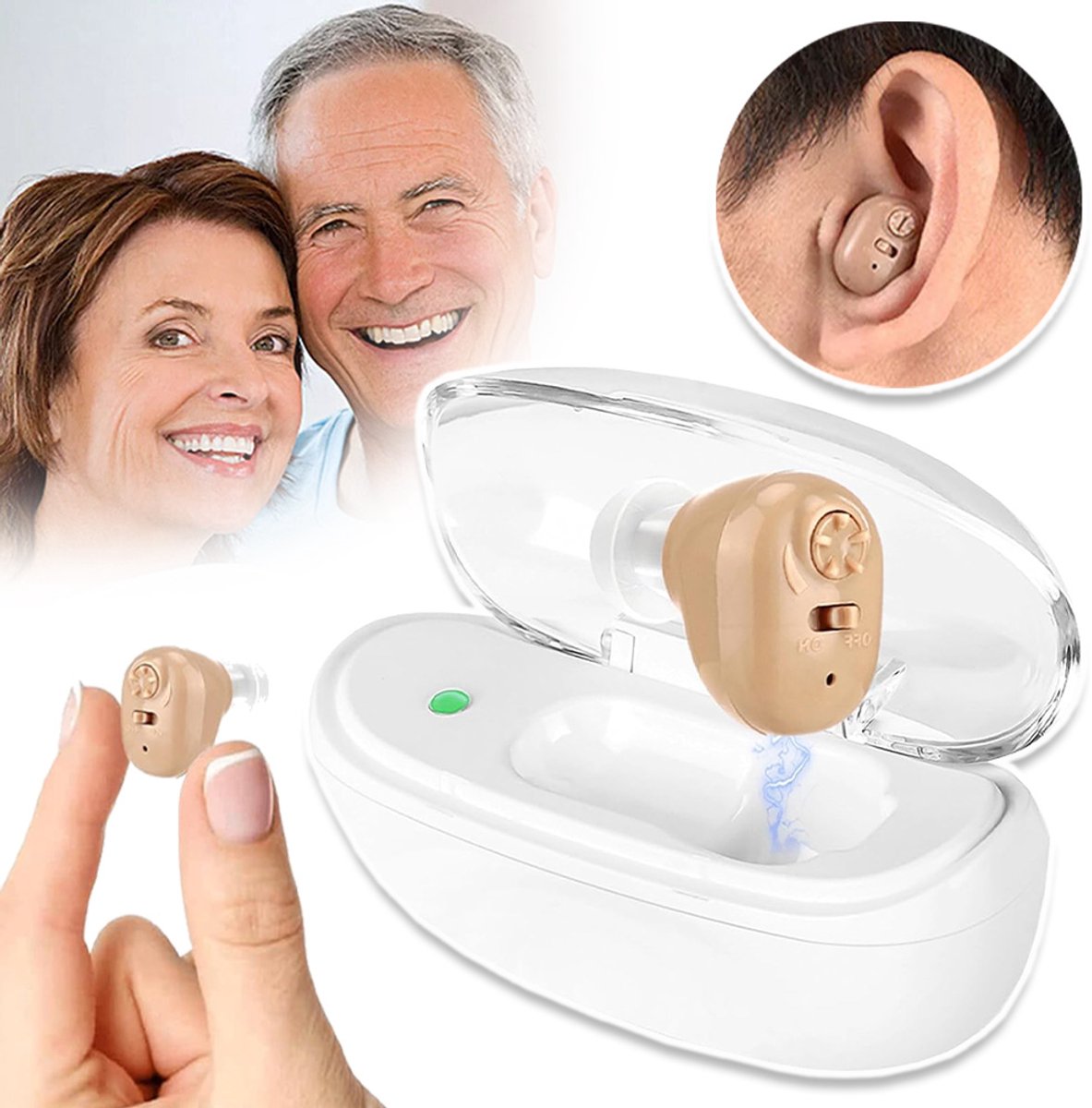 Oplaadbare In-Ear Hoortoestellen Met Geluidsversterker – 35 dB Versterking En Intelligente Ruisonderdrukking – 30 Uur Accuduur – 4 Oordopjes – Voor Licht Tot Matig Gehoorverlies – Wit