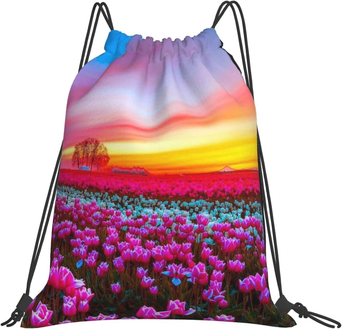 Bloemen Trekkoord Tassen Bloemen Trekkoord Rugzak Sport Gym Tas Voor Vrouwen Mannen Rugzakken Zwemmen Tas Voor Strand, Zwart, Eén maat
