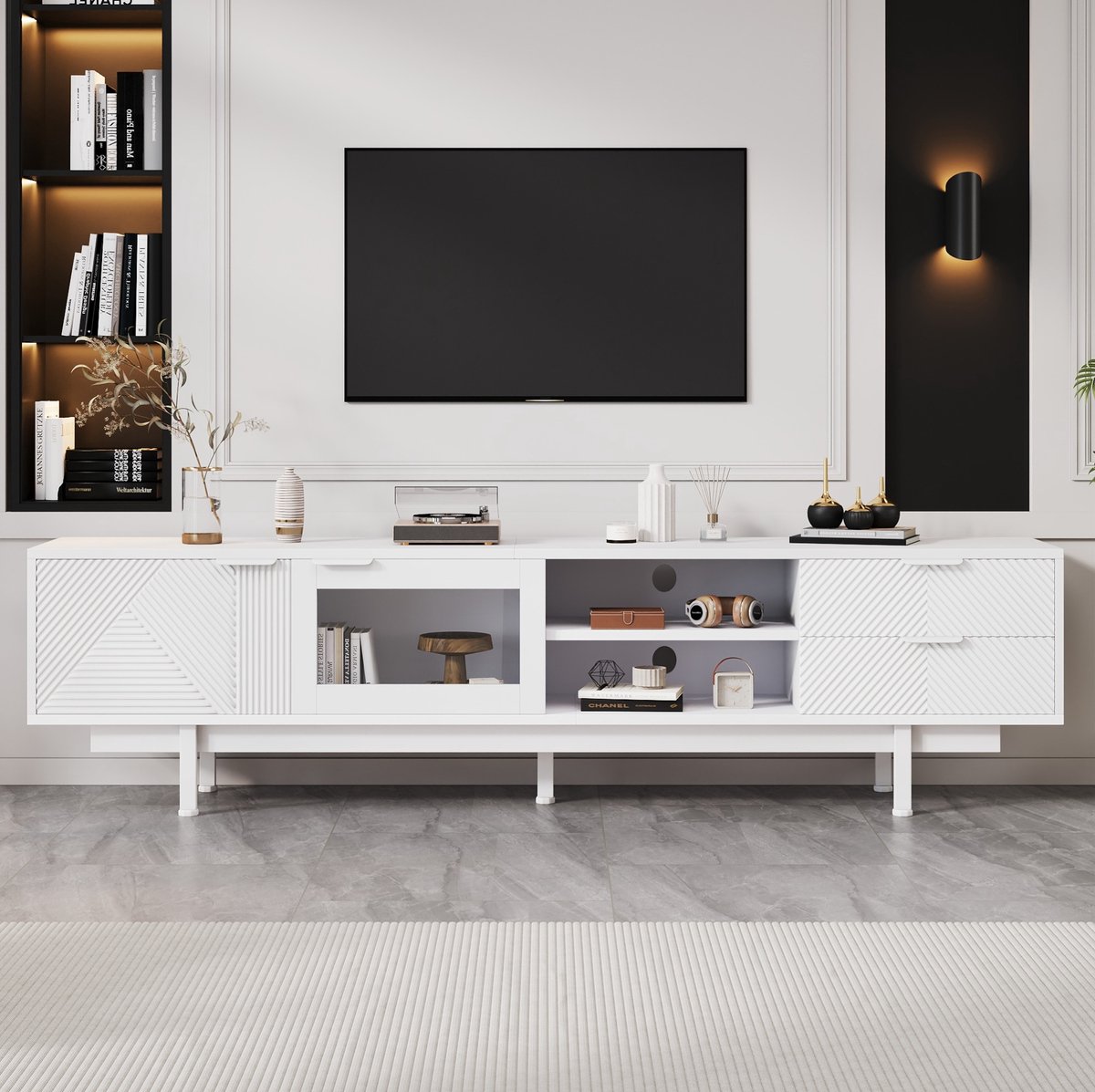 MEUNIQ TV-meubel 200 x 40 x 50,5 cm met 2 deuren, 2 lades, halfopen vakken en glazen deur voor circa 80 inch tv, woonkamer, wit