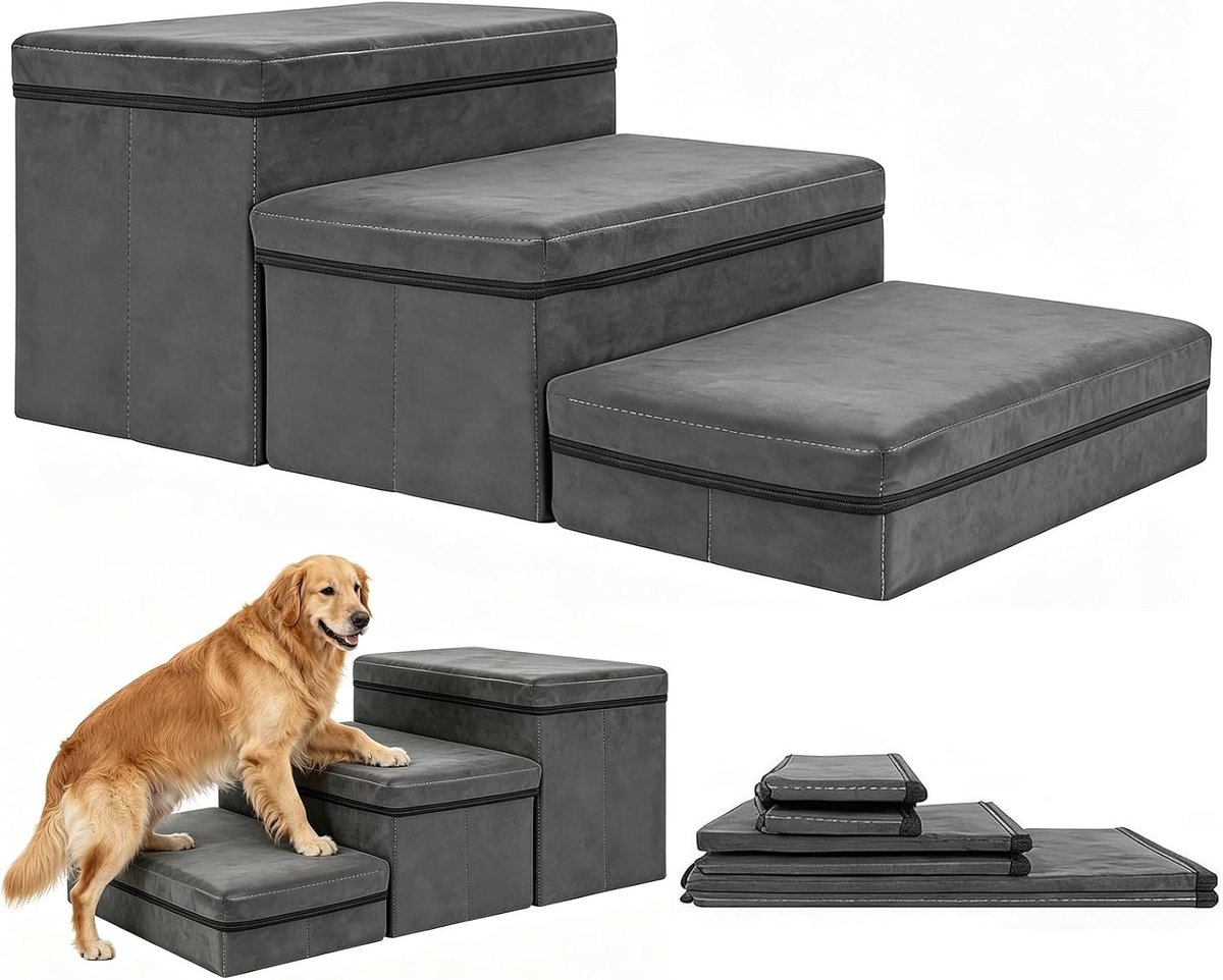 Vouwbare Hondentrap met Opbergruimte, 3 Treden, Antislip, Geschikt voor Bed en Bank, Ideaal voor Kleine en Grote Honden en Katten (75×40×30cm)